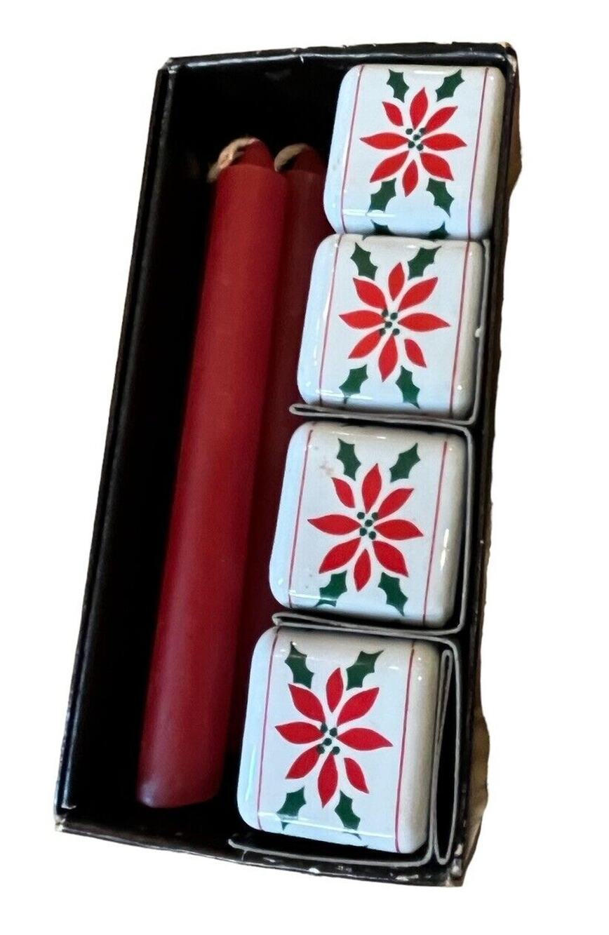 Candle Compliments by Crowning Touch 4 Ceramic Holders & Red 4" Candles